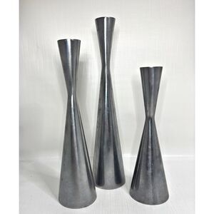 Silver Tone Metal Candle Holders Taper Candlestick Mid Century Modern Vintage